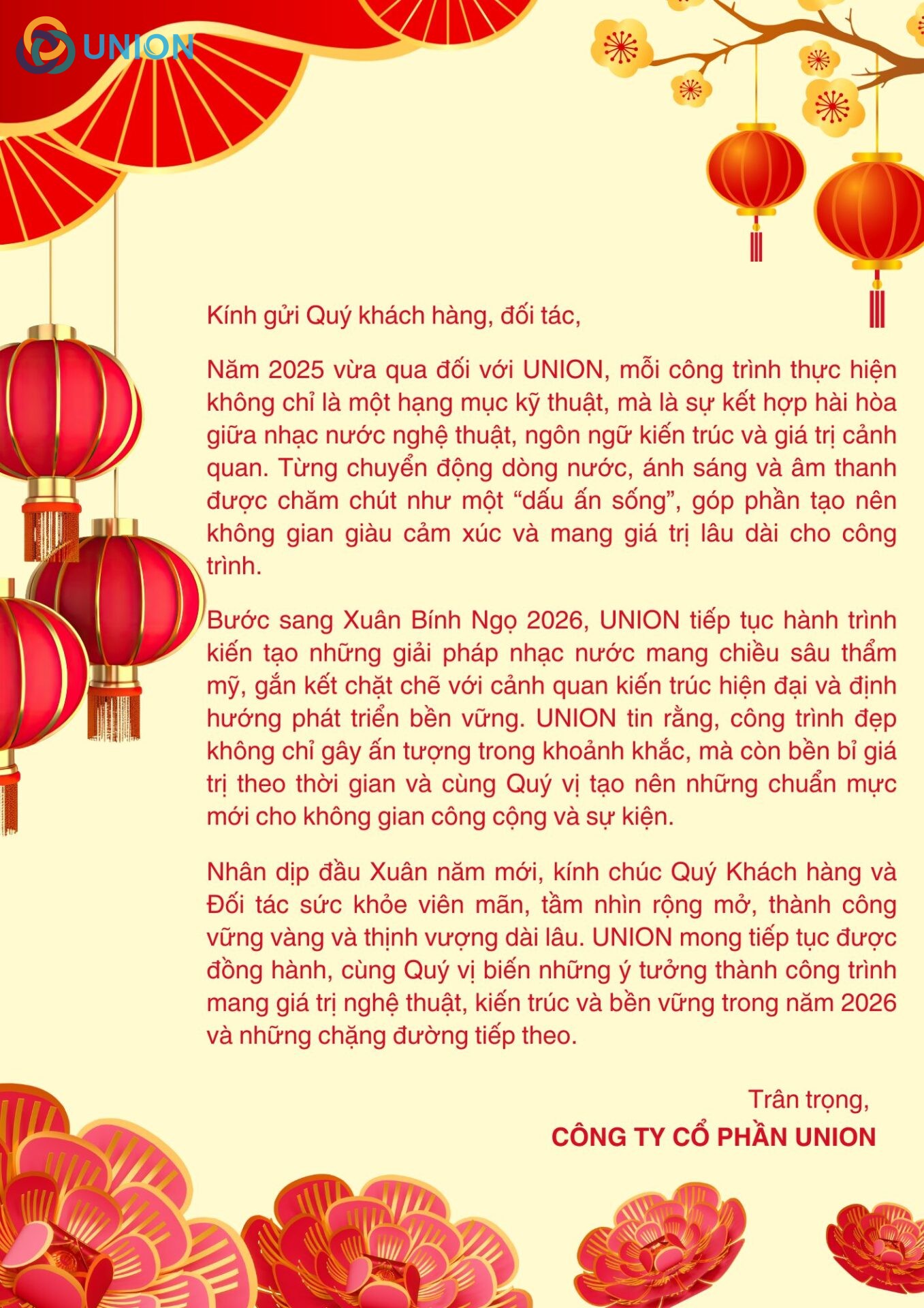 UNION thông báo lịch nghỉ tết Bính Ngọ và lời chúc mừng năm mới 2026 - UNION UNION xin chúc Quý Khách hàng - Đối tác một năm mới bình an