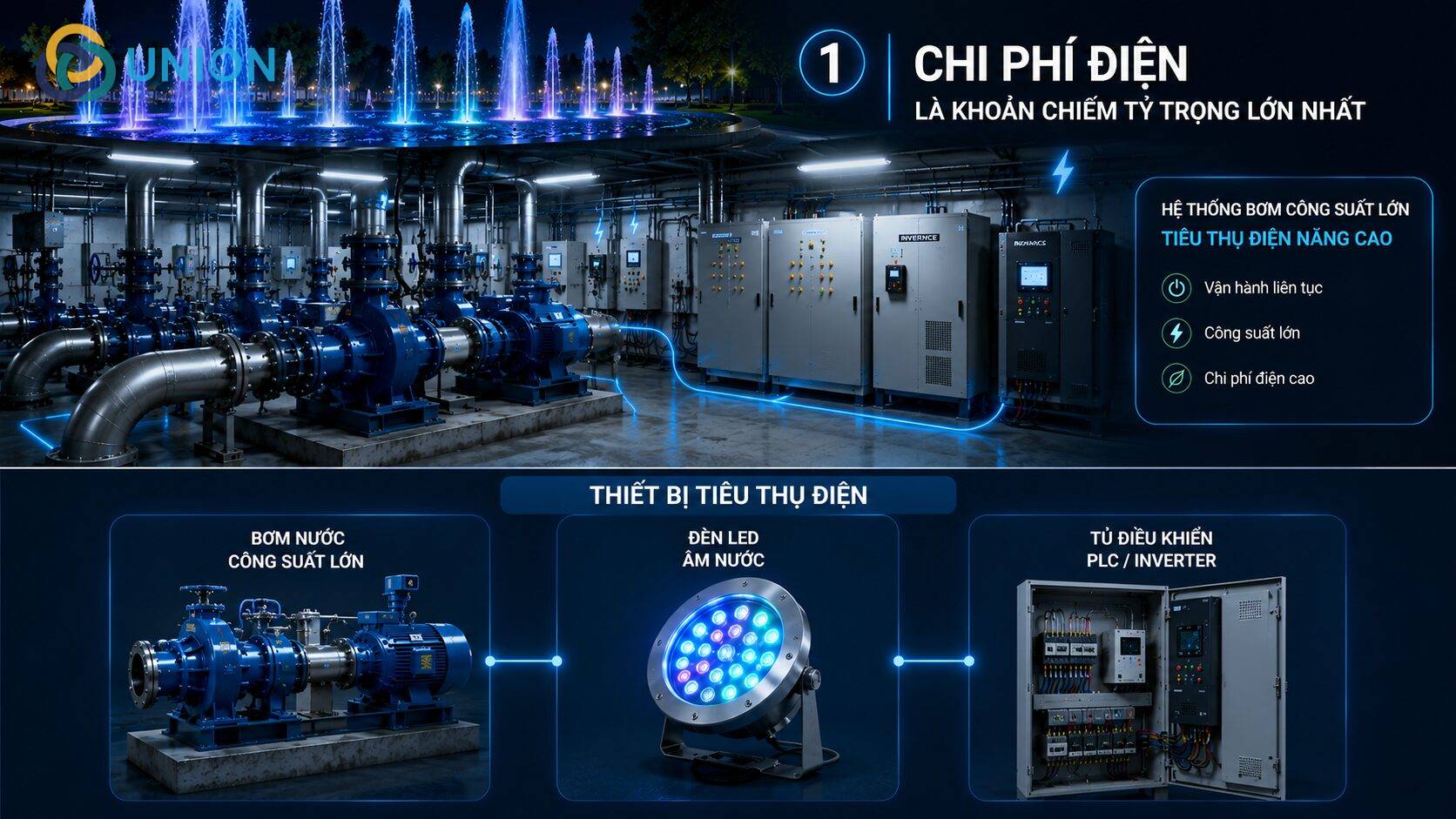 Chi phí vận hành đài phun nước hàng năm: Điện, bảo trì và nhân sự - UNION Chi-phi-dien-la-khoan-chiem-ty-trong-lon-nhat