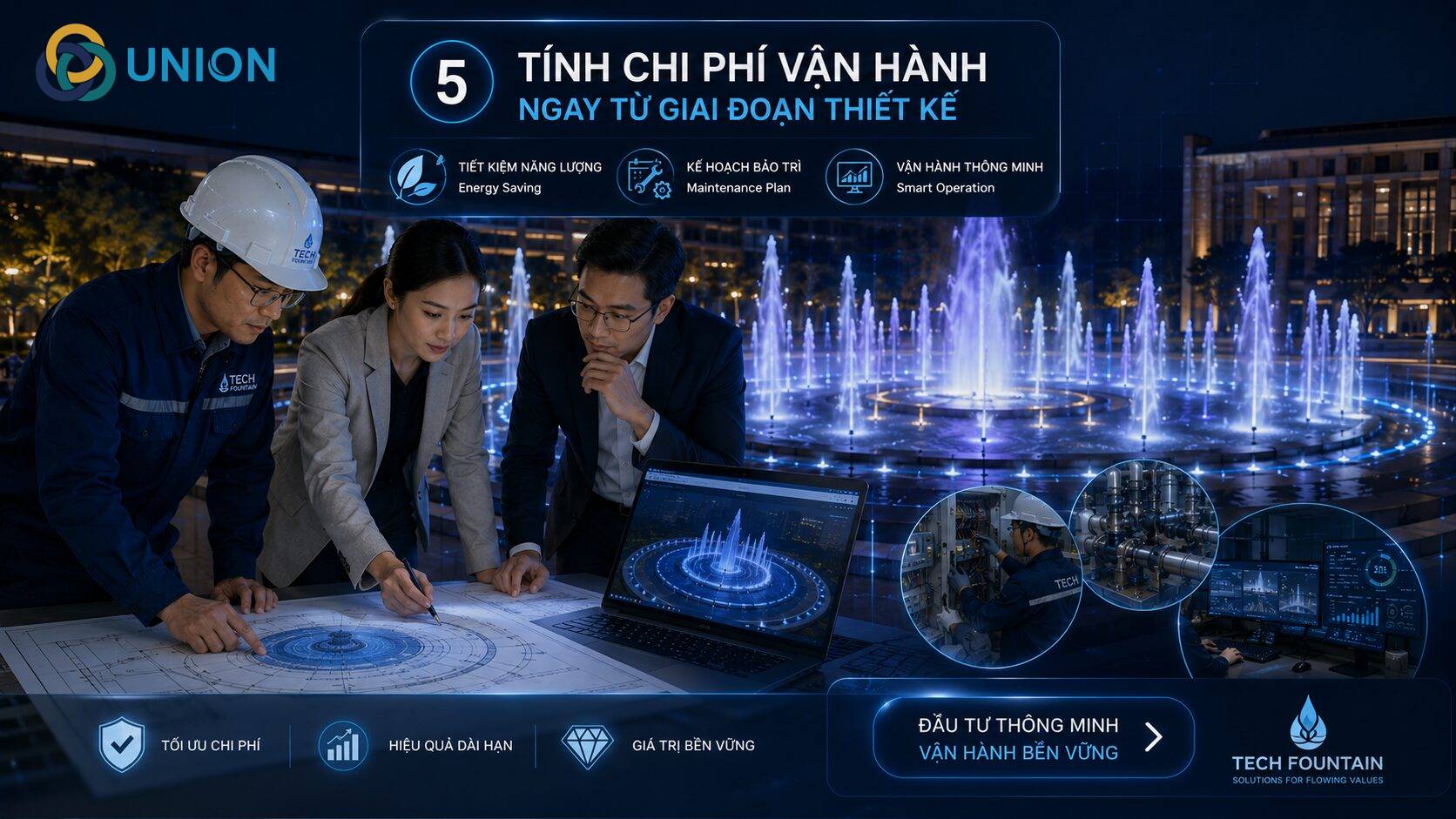 Chi phí vận hành đài phun nước hàng năm: Điện, bảo trì và nhân sự - UNION Tinh-chi-phi-van-hanh-ngay-tu-giai-doan-thiet-ke
