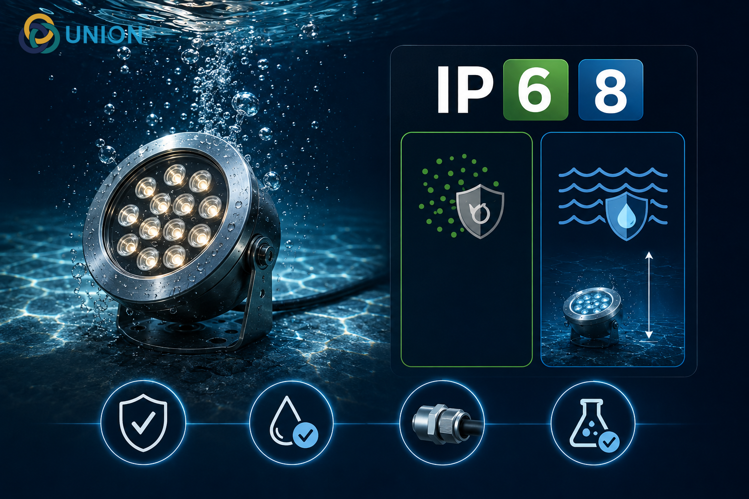Đèn LED âm nước là gì? Vai trò trong hệ thống đài phun nước - UNION IP68-co-y-nghia-gi-voi-den-LED-am-nuoc